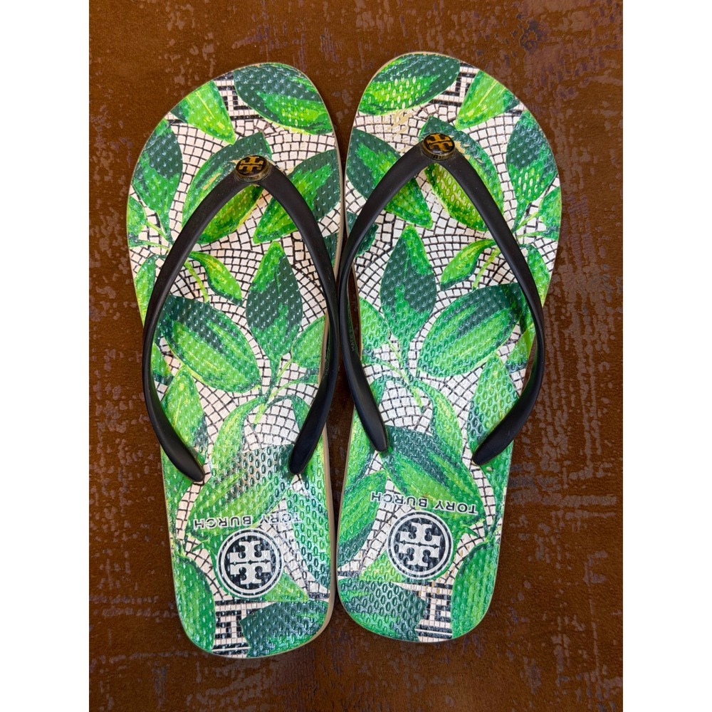 Tory Burch Green Botanical Leaf Print Flip Flops Gold Logo Thong Sandals Size 7
